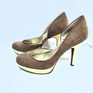 Fergalicious Holler Taupe & Gold Platform Heels